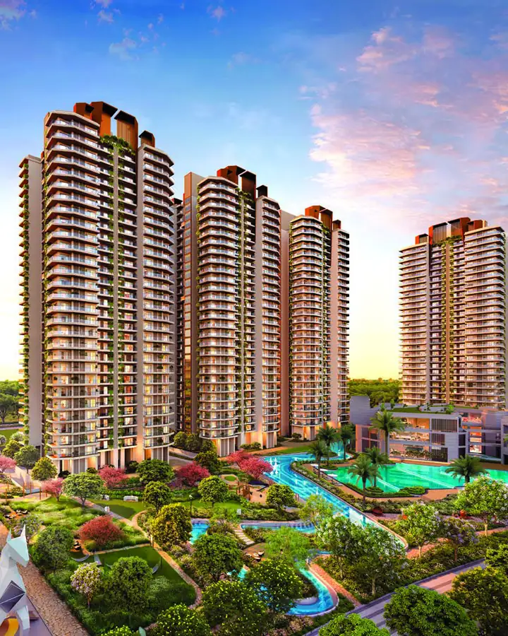 Cocoa County towers rising over landscaped water courts at sunset